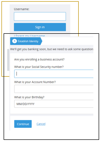 Screen capture showing the process of establishing your identity for online banking